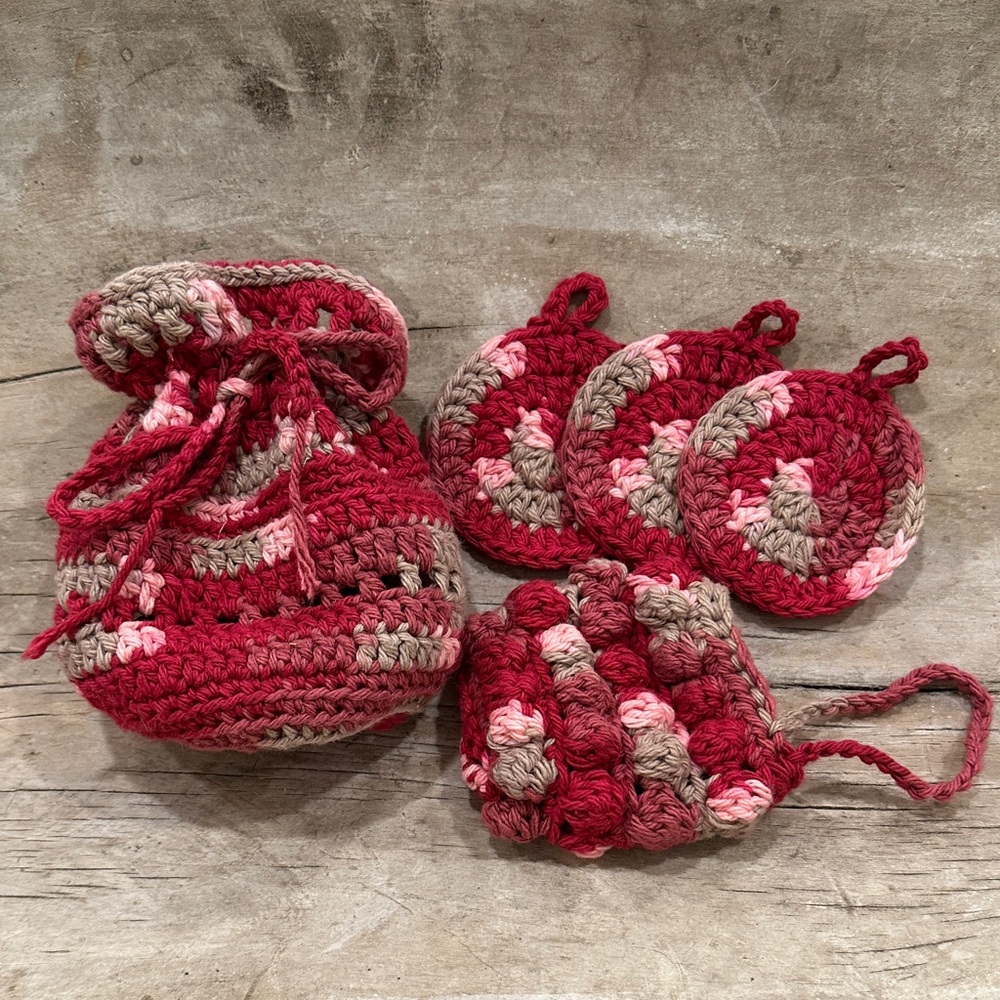 Handmade Cotton Crochet Bath Set - Drawstring Bag + Face pads + Soap pouch